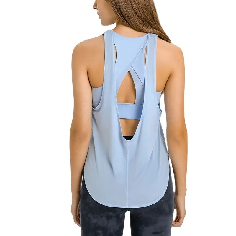 Women's Open Back Yoga Tank Top with Built in Bra High Impact Workout Tops Breathable Mesh Sleeveless Gym Clothes Woman