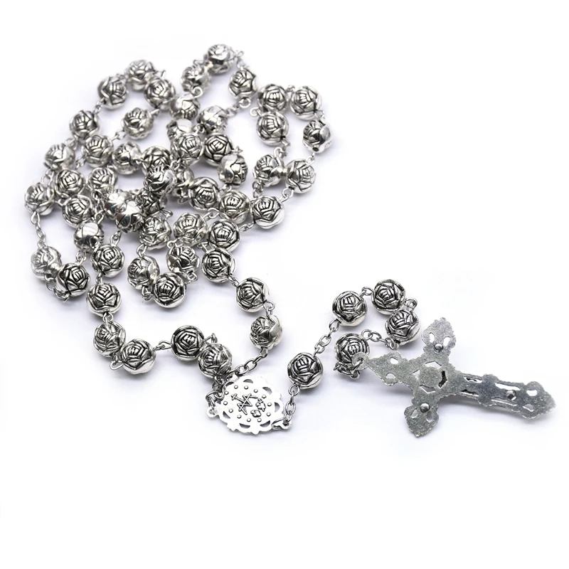 QIGO 10mm Vintage Cross Pendant Plastic Rose Rosary Necklace Catholic Prayer Jewelry Gifts