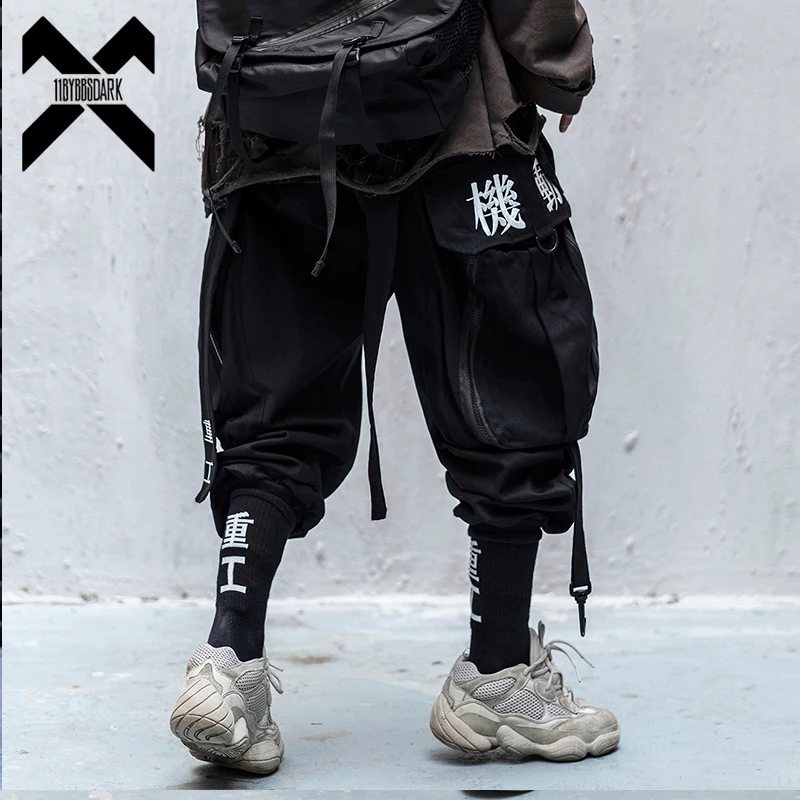11 BYBB'S DARK Hip Hop Cargo Pants Men Embroidery Joggers Trousers Elastic Waist Rock Ribbon Streetwear Pant Male Black