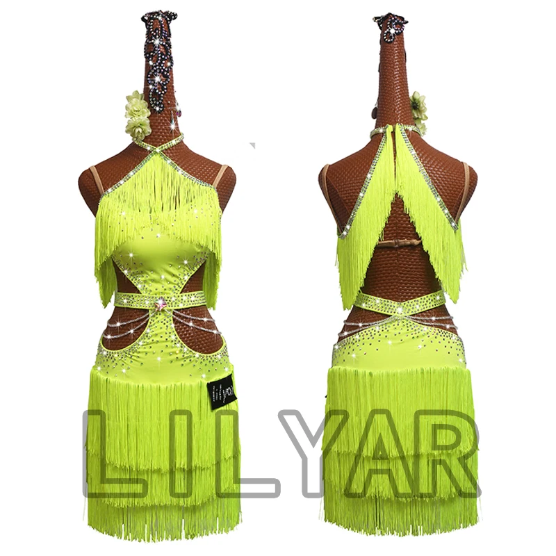 New Latin Dance Performance Dress Adult Custom Fluorescent Green Tassels Open Waist Sexy Design Dance Dress