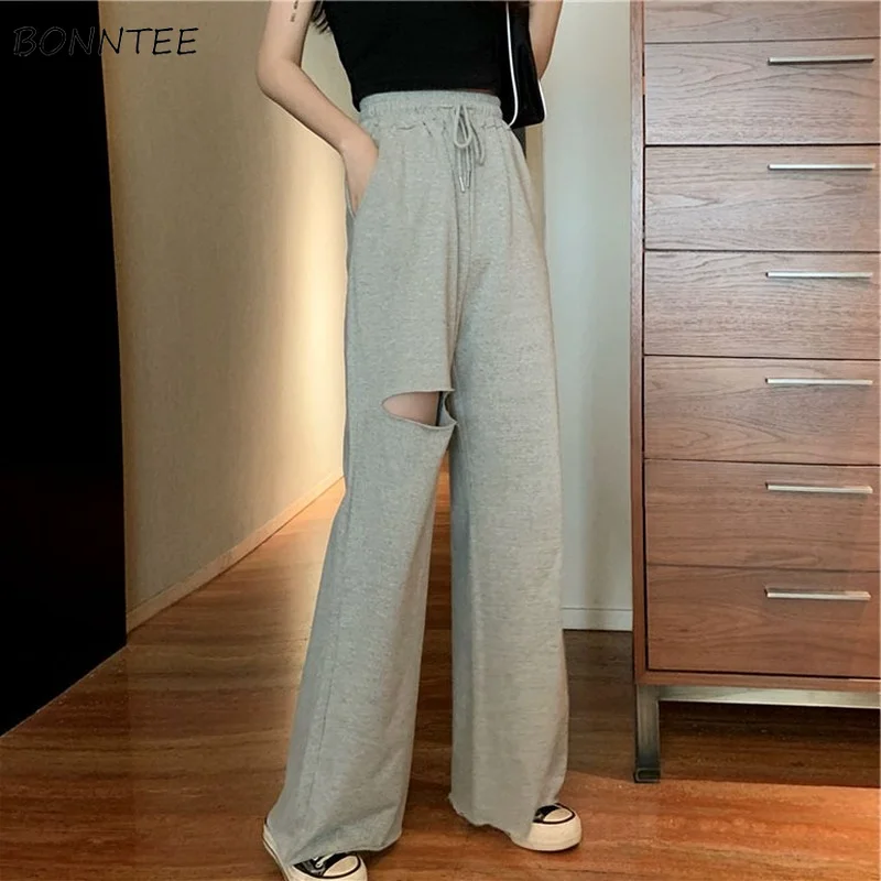 

Wide Leg Pants Women Casual Hole Summer 2021 New Korean Style Loose Fashion High Waist Female All-match Solid Simple Ins Chic