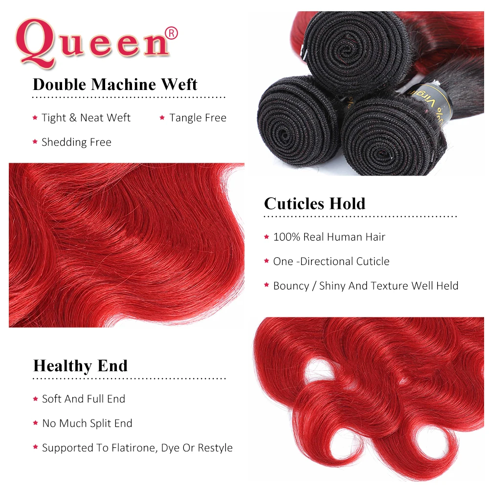 Body Wave Bundles With Closure Brizilian 1B/Red Ombre Human Hair Bundles With Closure Remy 4x1 T Part Bundles With Closure Queen