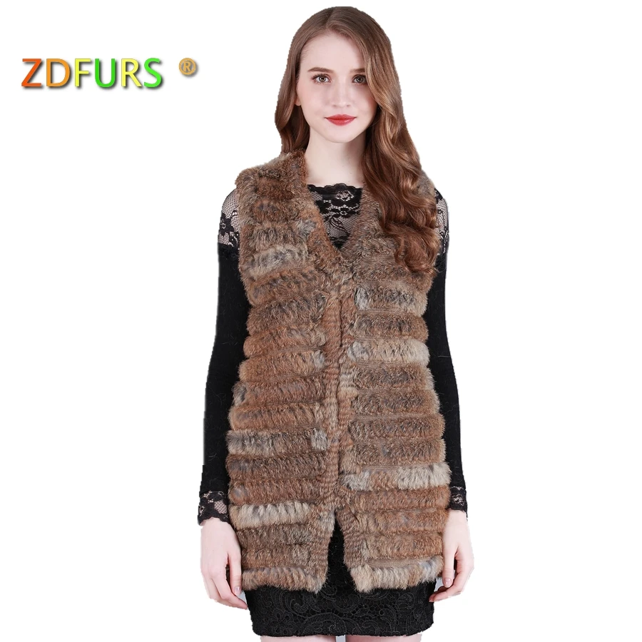 ZDFURS * 2017 nouvelle mode réel tricoté Gilet de fourrure de lapin style long véritable fourrure de lapin pull Gilet Gilet de fourrure de lapin Gilet