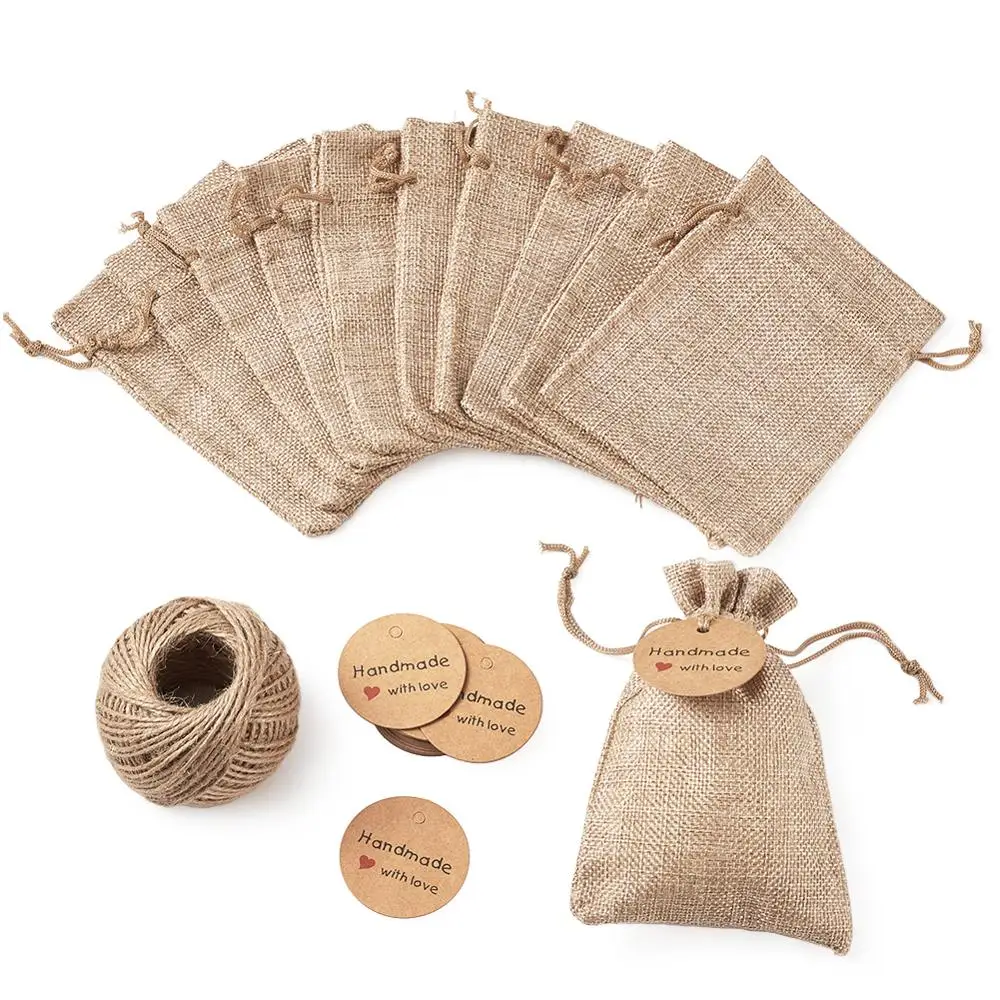 

Burlap Packing Pouches Drawstring Bags with Jewelry Display Kraft Paper Price Tags and Hemp Cord Twine String for Jewelry Making