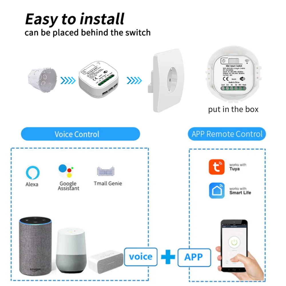 Tuya Smart Home Wifi Mini Light Switch 220V 16A With RF Remote Control Self Power Wall Switch Smart Life With Alexa Google Home