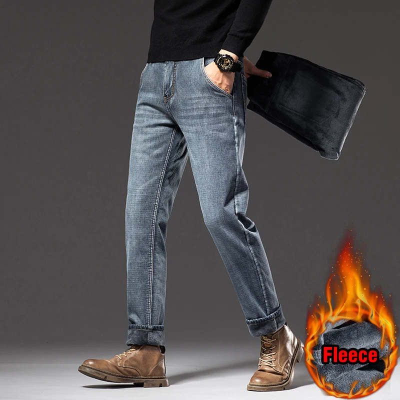 Calça jeans quente de lã masculina, estilo clássico, casual para negócios, ajuste regular, calça jeans stretch grossa, marca masculina, inverno, nova