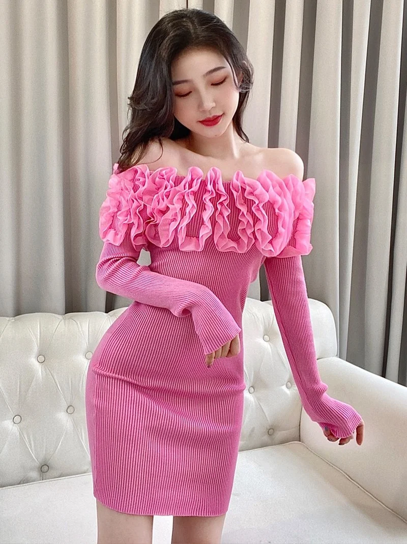 Wild Solid 3D Flower Jacquard Sexy Full Slash Neck Knitted Dress Mini Wrap Hip Slim Off Shoulder Robe Elegant Lady Sweater Fall