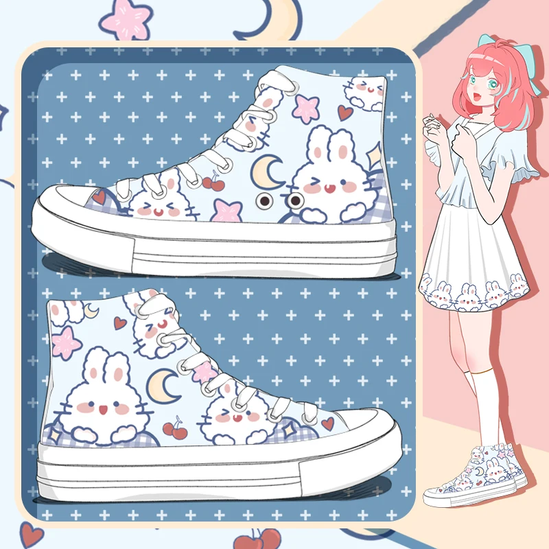 Amy and Michael Original Design Hand Painted Bunny Canvas Shoes Cute Girls Students Casual Sneakers Breahable Plimsolls Lace Up