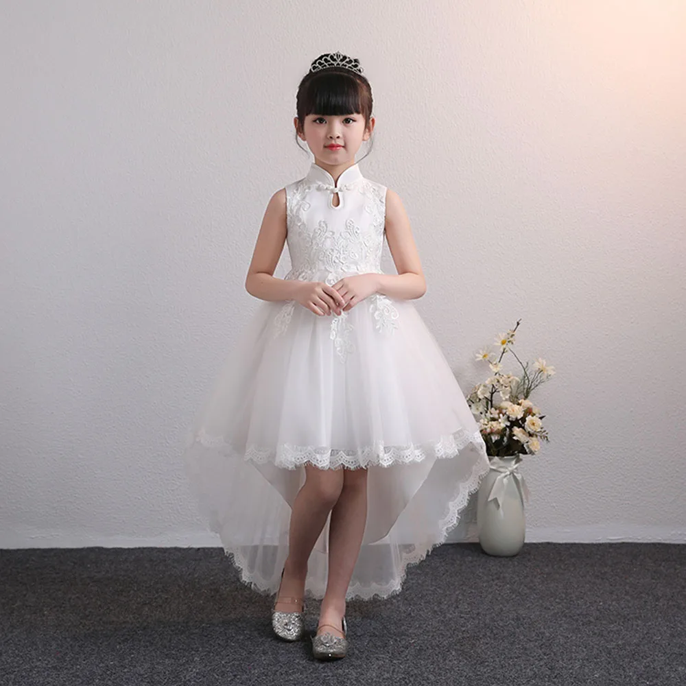 High Collar Lace Flower Girl Dresses Fashion Occasion Party Dress High Low With Back Bow