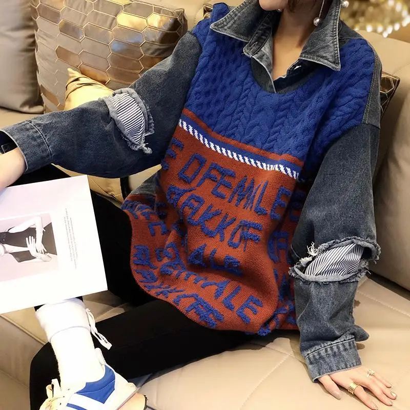 New Arrival Autumn Women Loose Casual Long Sleeve Turn-down Collar Pullovers Letter Print Patchwork Cotton Denim Hoodies W727