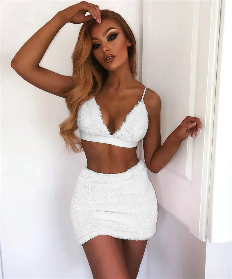 CHRONSTYLE 2Pcs Women Suits Sexy Off Shoulder Deep V-neck Strap Tube Bra Crop Tops Fur High Waist Slim Mini Pencil Skirts 2021