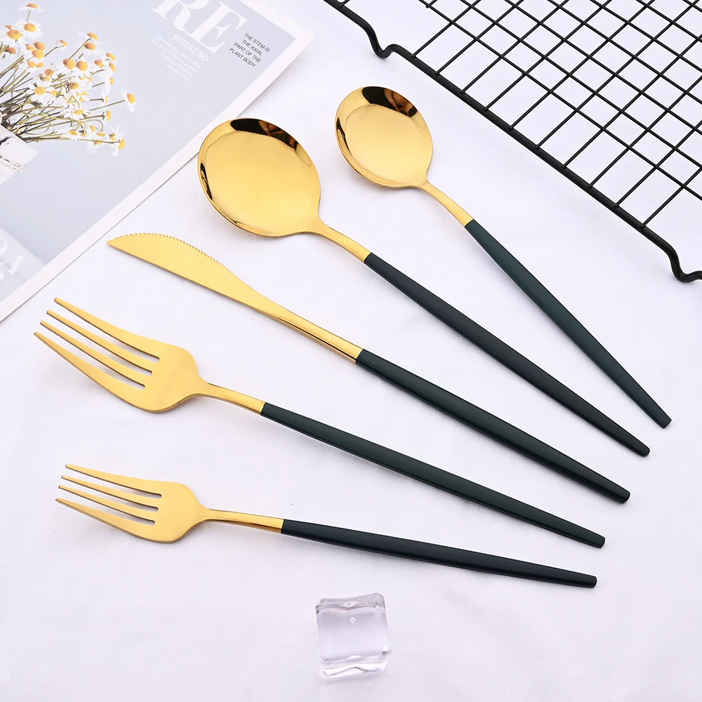 Rose Gold Mirror Cutlery Set Fruit Forks Spoons Dessert Knives Wedding Dinnerware Stainless Steel Flatware Dinner Tableware Set