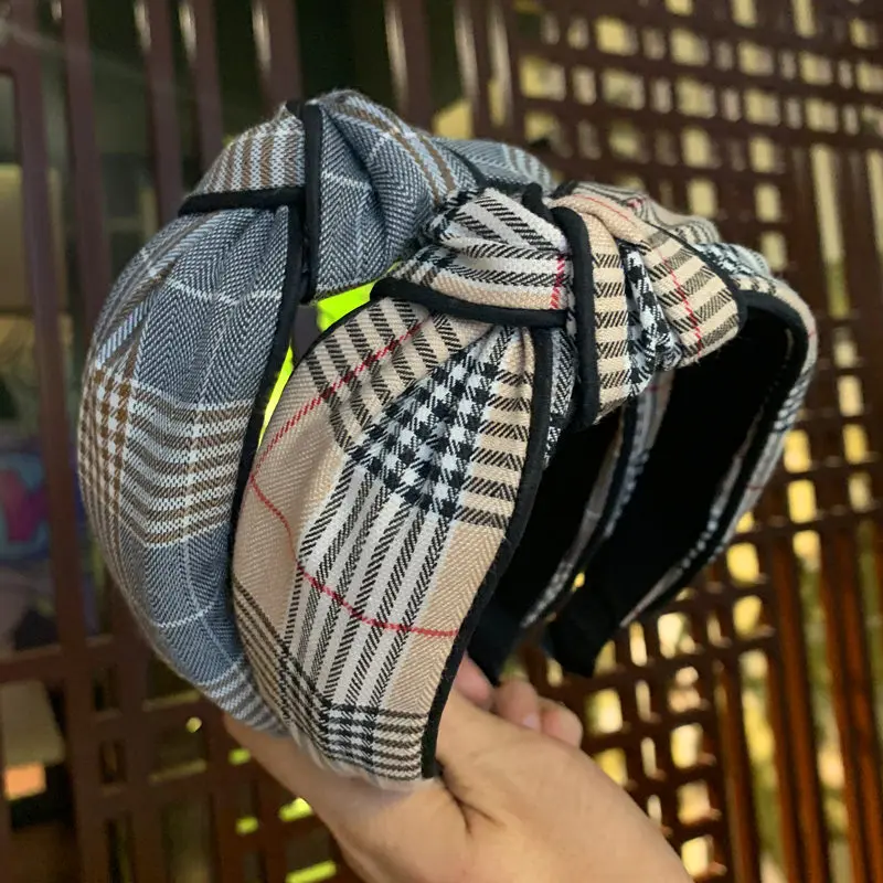 Korea Plaid Stripe Knot Headbands For Women High Quality Houndstooth Fabric Classic Wide Headband Girls knotted Hair Accessories