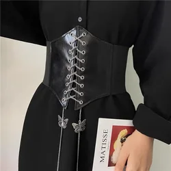 Women Sexy Corset Belt PU Leather Wide  Elastic Waistband Female Bondage Strap Butterfly Chain Waist Belt Cummerbund