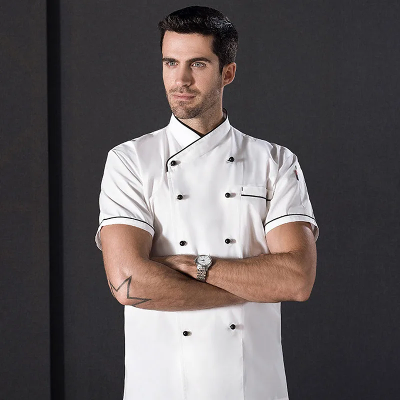 Neue Kurzarm Klassische Chef Jacke Sommer Restaurant Kochen Uniformen Doppel-breasted Lebensmittel Service Arbeit Bekleidung Mit Taschen