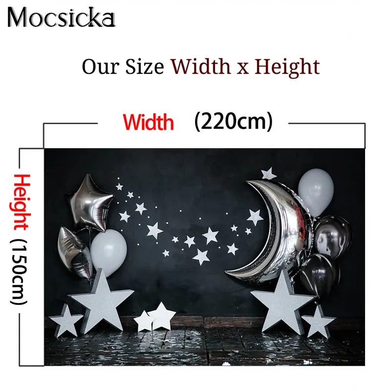 Fondo para sesión de fotos de cumpleaños, pastel Smash para niños recién nacidos, estrella plateada, Luna, decoración de globos, fondo negro, estudio fotográfico