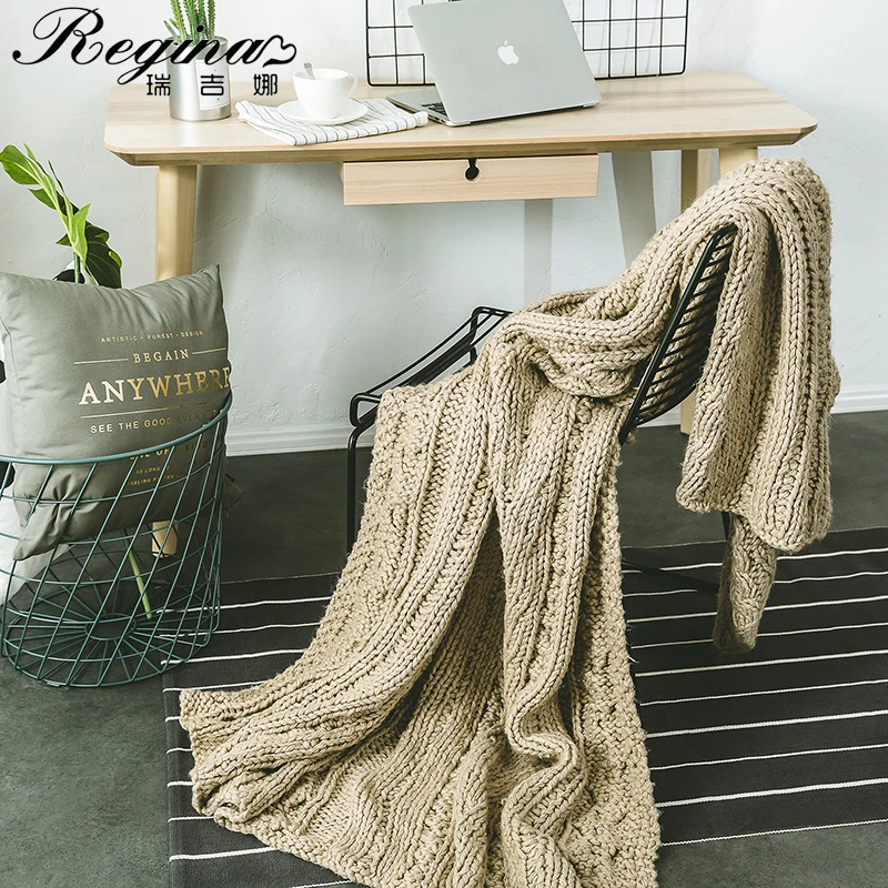 REGINA Khaki Beige Wool Weight Blanket Twist Stripe Thick Yarn Bed Sofa Chunky Knit Blanket Home Decor Crochet Soft Summer Quilt