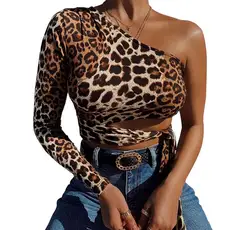 New  Women Fashion Leopard Crop Tops One Shoulder Long Sleeve Cut Out Tie Waist Slim Shirts Shoulder Strap