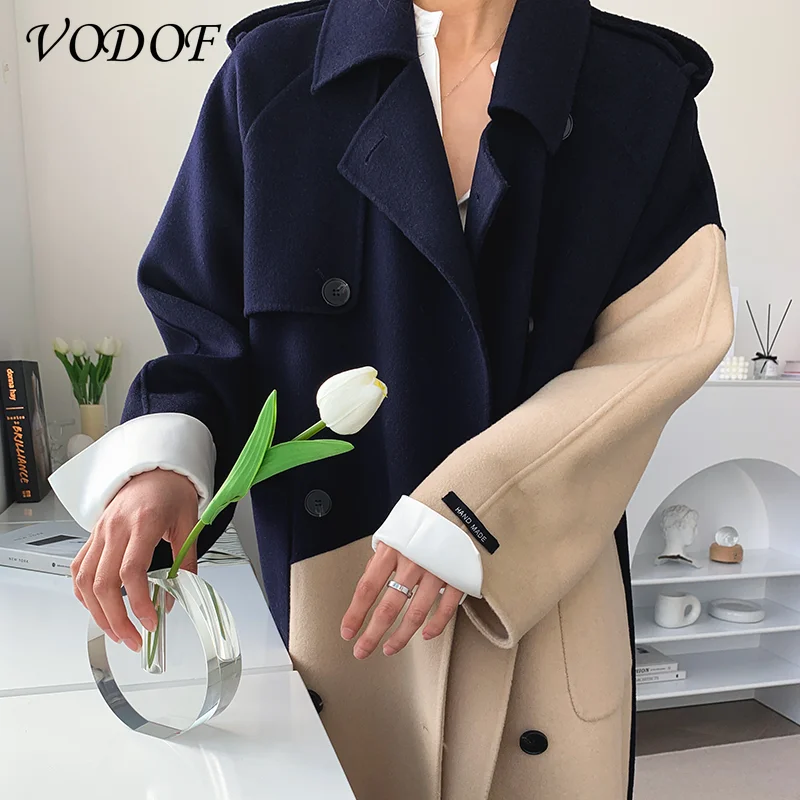 VODOF Korean Style Loose Long Women's Jacket Double-breasted Waistcoat Women's Autumn and Winter Jacket Stitching Color