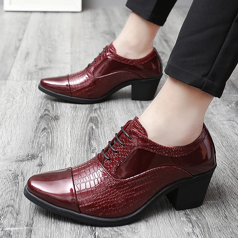 Black Oxford Shoes For Men Thick 6cm High Heels Patent Leather Casual Dress Lace Up Pattern Heighten Classic Wedding Party