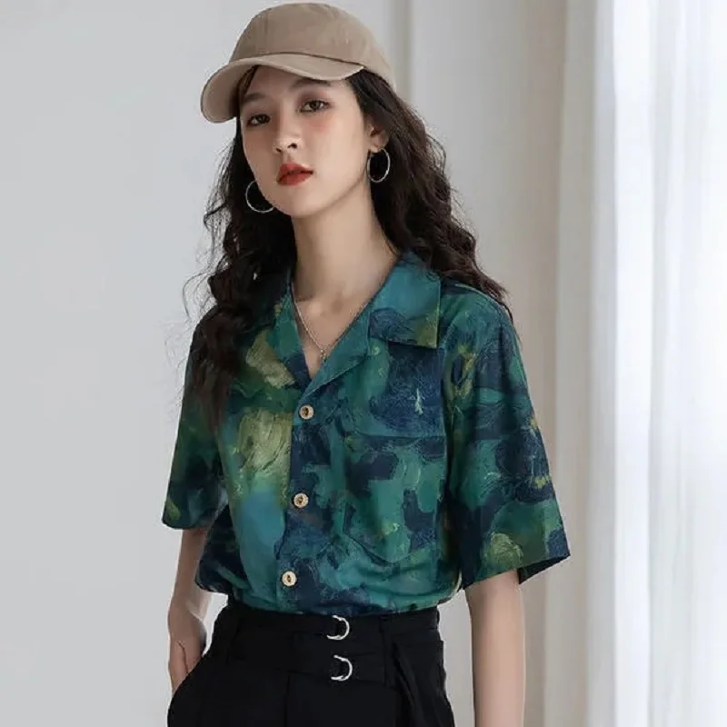 Women\'s Tie Dye Printing Shirt Loose Shirt Short Sleeve Button Up Blouses Summer Female Clothing Tops Y2K Street Style 2024