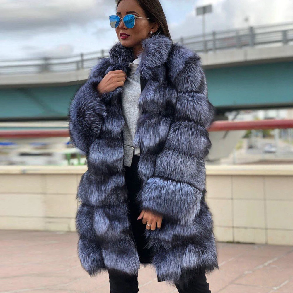 Fashion Long Silver Fox Fur Coats for Women Winter New 2022 Woman Natural Whole Skin Fox Fur Coat Stand Collar Warm Fur Outwear