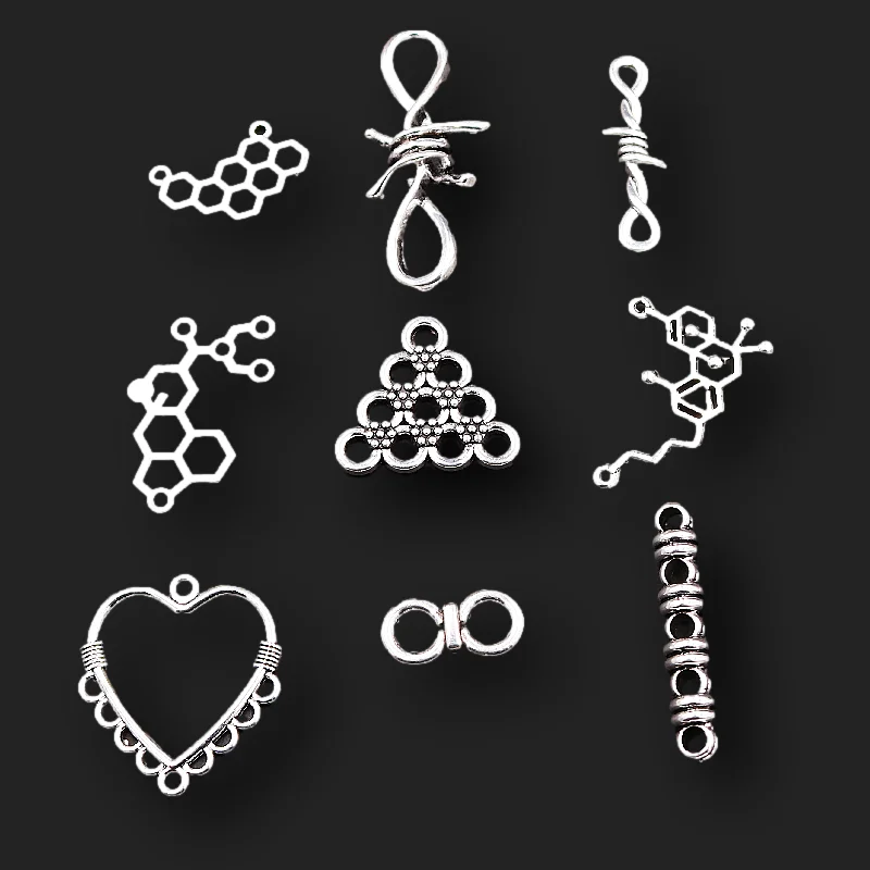 1pack Silver Plated Mixed Necklace Bracelet Connectors Thorns/DNA/ Geometric Shape/ DIY Charm Jewelry Crafts Metal Accessories