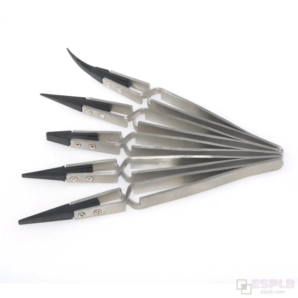 5 teile/satz Schwarz/Silber Reverse Pinzette Edelstahl Griff Kunststoff Spitze Präzision Pinzette Gebogene/Flach/Gerade Spitze pinzette – Detail 10