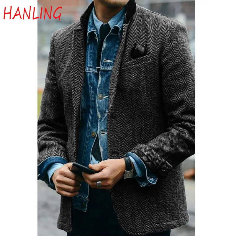 Men\'s Blazer Formal Slim Fit Jacket Winter Fleece Jacket Warm Coat Herringbone Blazer