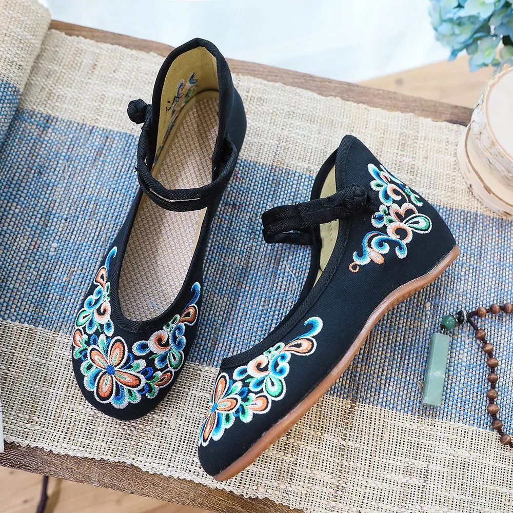 Veowalk Vintage Embroidery Women Cotton Mary Jane Flat Shoes Comfortable Ladies Walking Ballerinas Large Size 10 11 Black Blue