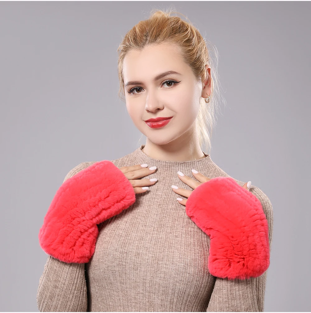 New Women 100% Real Genuine Knitted Rex Rabbit Fur Mittens Winter Warm Lady Real Fur Fingerless Gloves Handmade Knit Fur Mitten