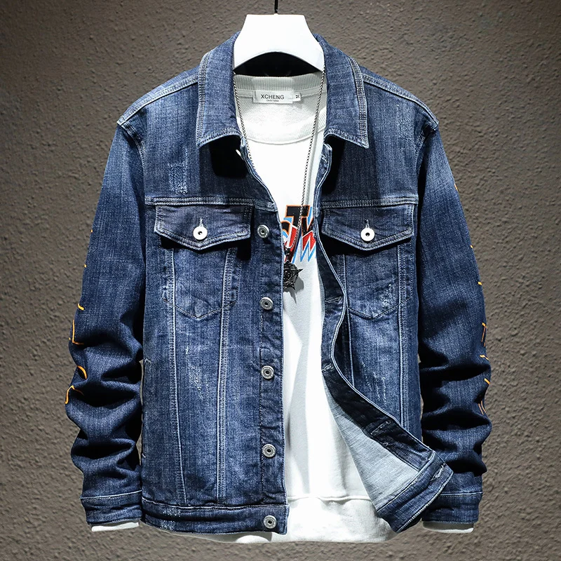 Spring And Autumn Men's Loose Casual Buttons Design Blue Denim Jacket All-match Korean Version Comfortable Original Fashion Top