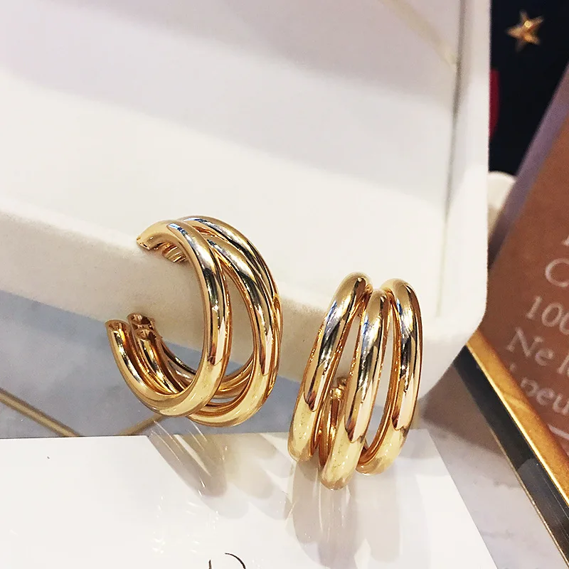 Gold Color Smooth Three Circles Hoop Earrings Exaggerated Thick Tube Round Ear Simple Women Fashion Jewelry Hiphop Rock