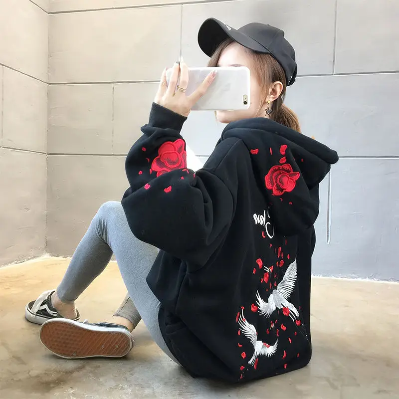 Oversized Women Hoodies Casual Embroidered Rose & Crane Sweatshirt Korean Style Autumn Long Sleeve Hooded Female Pullovers Tops