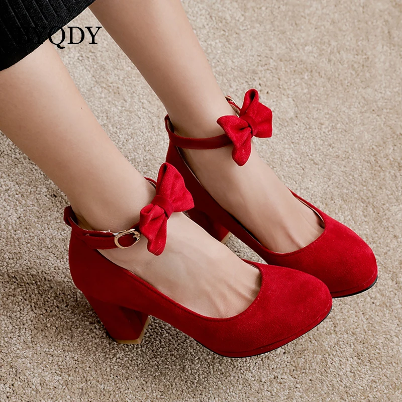 BYQDY Spring Suede Woman Mary Jane Pumps Sweet Bow Knot Pumps Square High Heels Buckle Casual Shoes Plus Size 50 Wedding Shoes