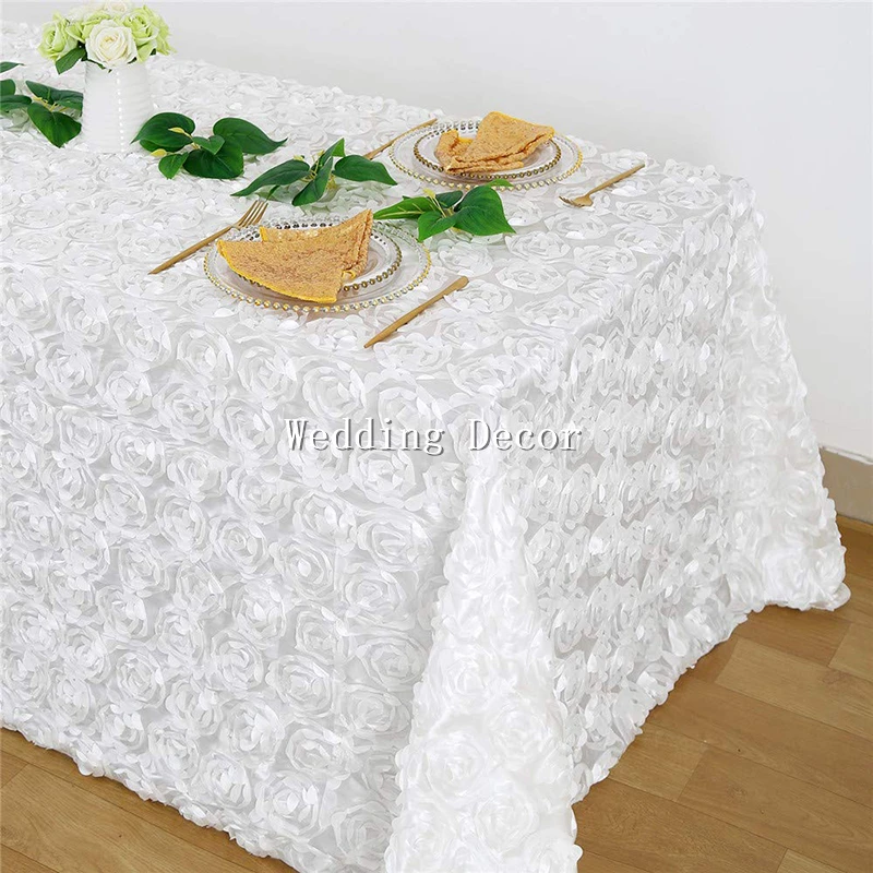 120x180 CM White Rosette Tablecloth Satin Rectangle 3D Floral Tablecloth Wedding Baby Shower Party Cake Table Linens Dining Room