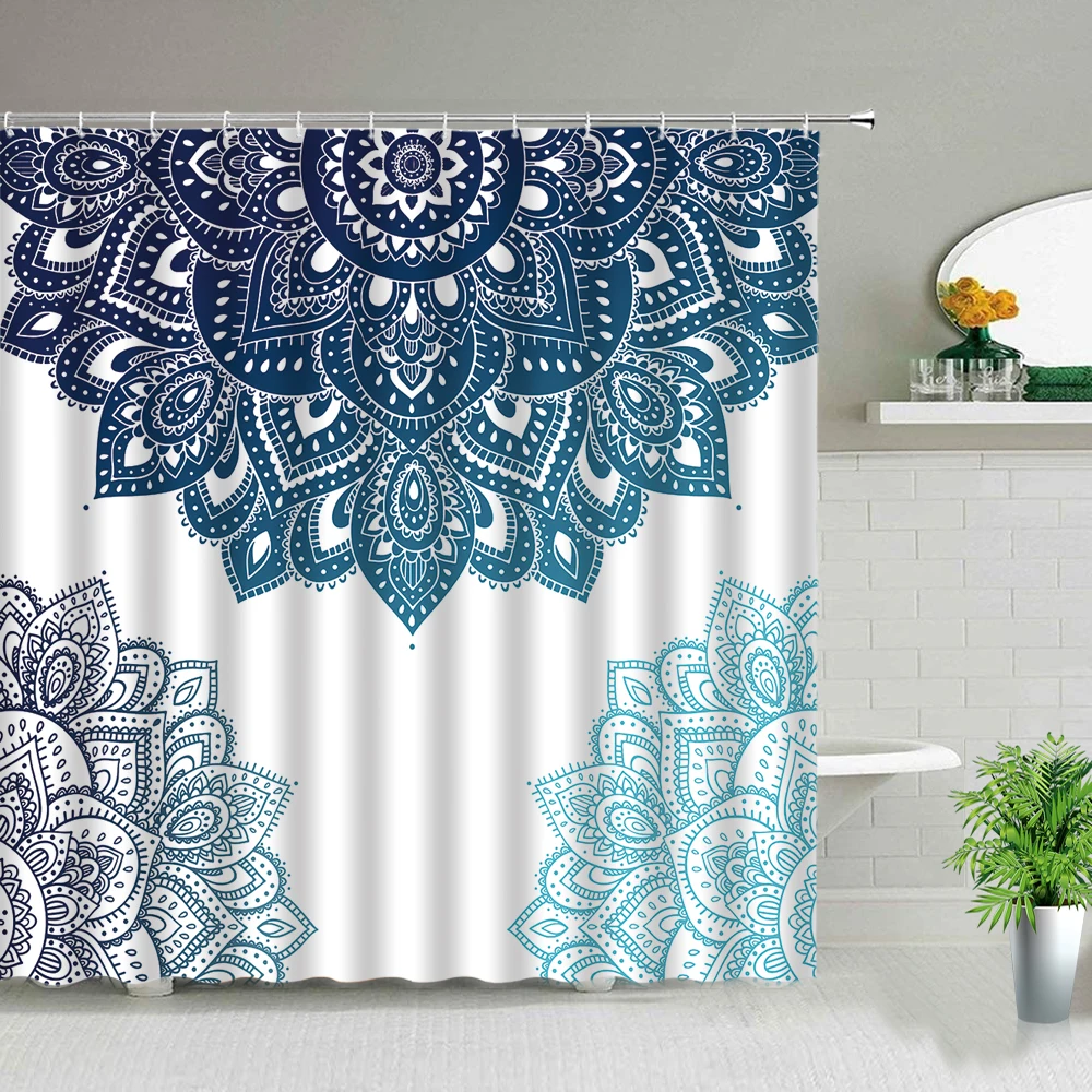 Hot Sale Fabric Shower Curtain Set Blue And White Fashion Bathroom Decor With Hooks Waterproof Wall Hanging Curtains Polyester