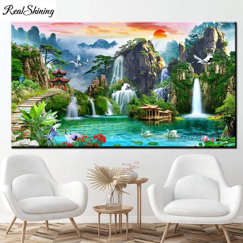 

Big 5d diy diamond embroidery waterfall and mountain lake natural crane,full square round drill diamond painting Feng shui T330