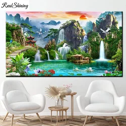 Grande 5d fai da te diamante ricamo cascata e montagna lago gru naturale, pieno quadrato rotondo trapano pittura diamante Feng shui T330