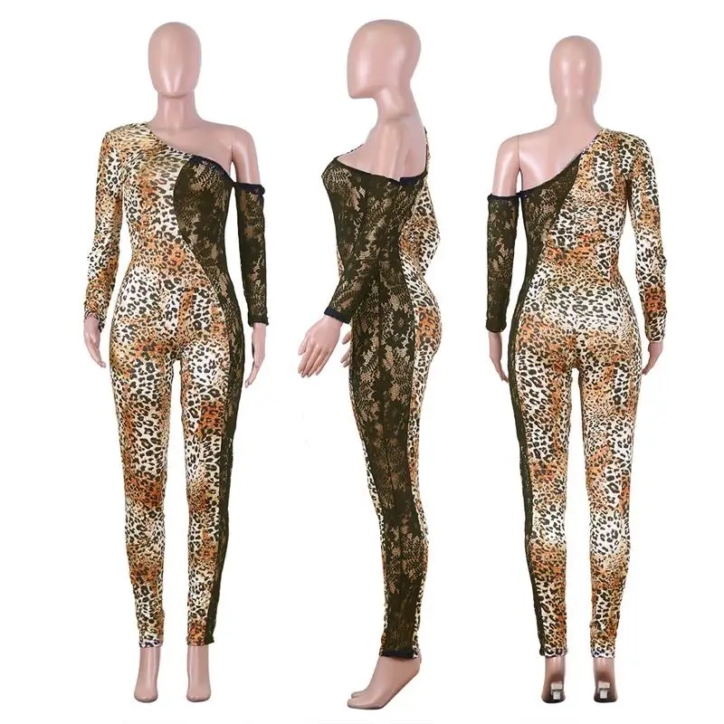 2020 Nieuwe Luipaard Print Lange Mouwen Herfst Vrouwen Jumpsuit Vrouwen Broek Bruin Kant Mode Slanke Dames Sexy Bodycon Jumpsuits