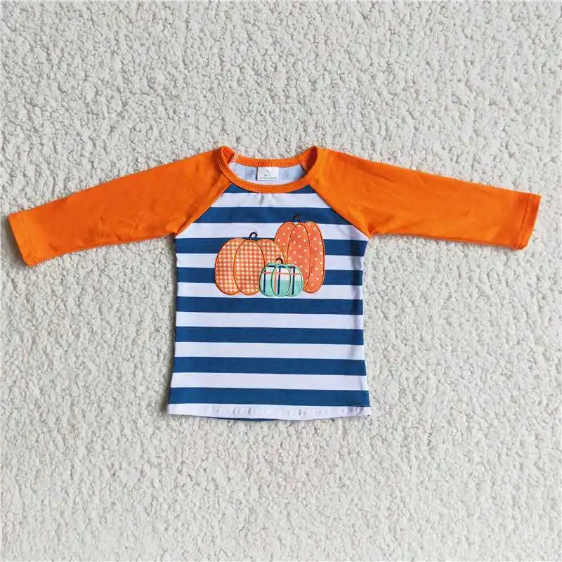 Großhandel Baby Mädchen Junge Thanksgiving Top Kleidung Orange Langarm Kürbis Stickerei Blau Gestreiften T-shirt Kinder Kleidung