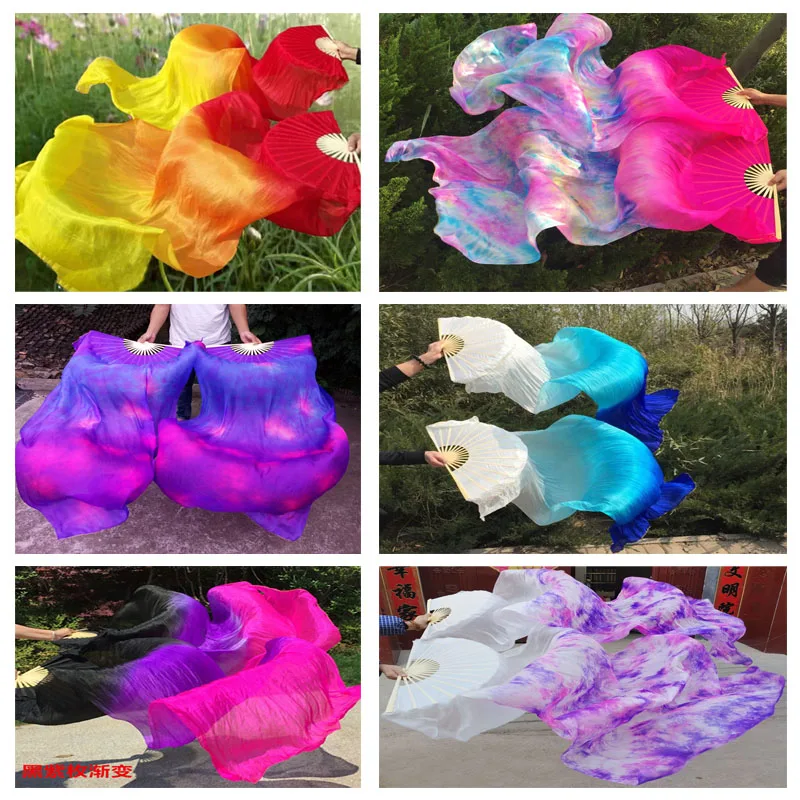 Women/Girls 100% Silk Belly Dance Fan Veils 1Pair (1L+1R) Gradient Oriental Dance Silk Veil Fan Stage Show Props Customized size