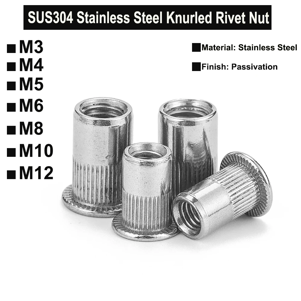 Yiqianyuan Flat Head Threaded Rivet Nut Knurled Rivet Insert Cap SUS304 Stainless Steel M3-M12 for Hardware Accessories