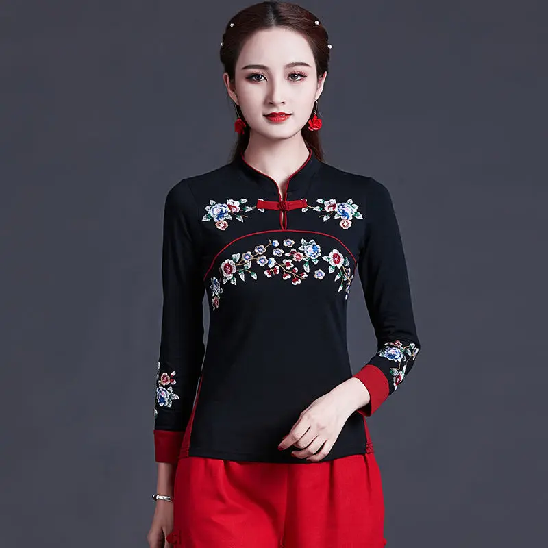 Cheongsam Women's Plus Size Tops 2024 Autumn Fashion Cotton Blend Embroidery Color Splicing Chinese Style Qipao Shirts Woman