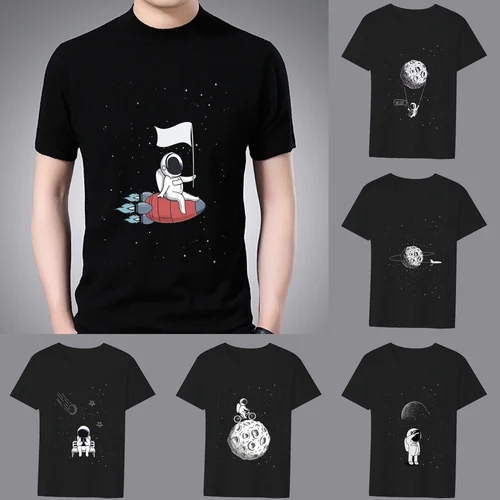 Camiseta de moda para hombre, camiseta clásica con estampado de pequeño astronauta, camiseta informal que combina con todo con cuello redondo, camiseta cómoda para ir al trabajo