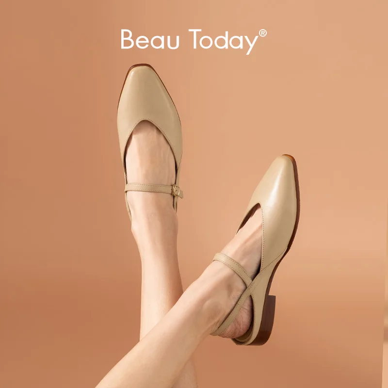 BeauToday Sandals Women Calfskin Leather Pointed Toe Buckle Ankle Strap Elegant V Shape Shallow Ladies Flats Handmade 32284