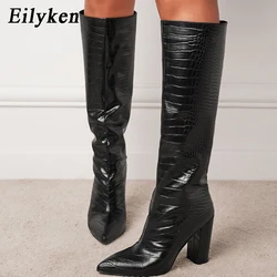 Eilyken Spring Autumn Pointed Toe Women Long Knee-High Boots Fashion Soft Leather Square High Heels Female Shoes