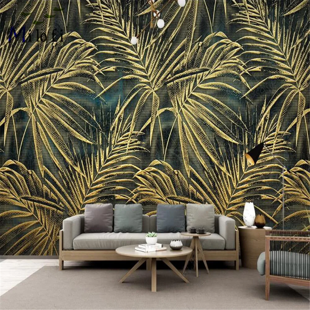 

Milofi customized 3D photo mural wallpaper modern simple golden relief tropical plant leaf carving background wall mural