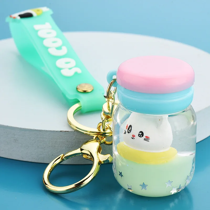 Creative Cartoon Floating Liquid Cat Macaron Keychain Cute Milk Bottle Crystal Quicksand Surfing Cat Keyring Pendant Gift Keyfob