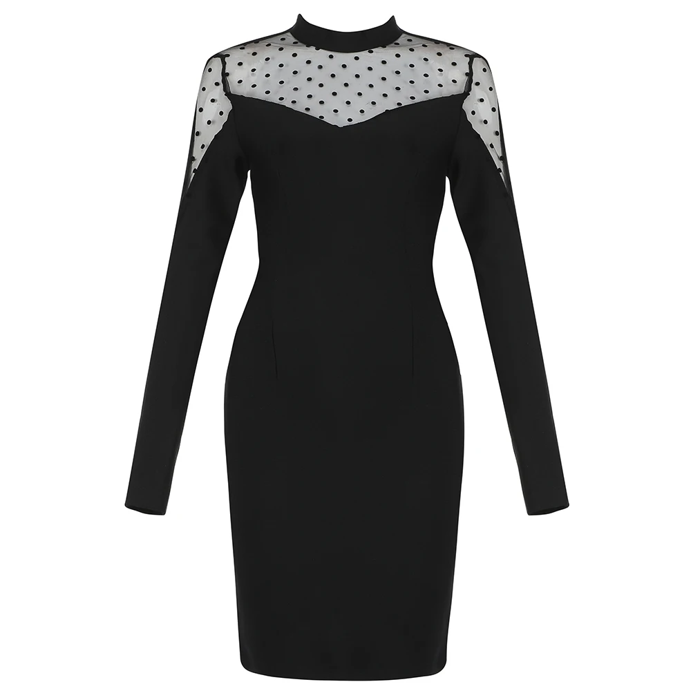 

Elegant Party Women Dress Bandage O Neck Long Sleeve Black Pencil Dress Long Sleeve Nice New Arrival Mesh Ladies Clothes